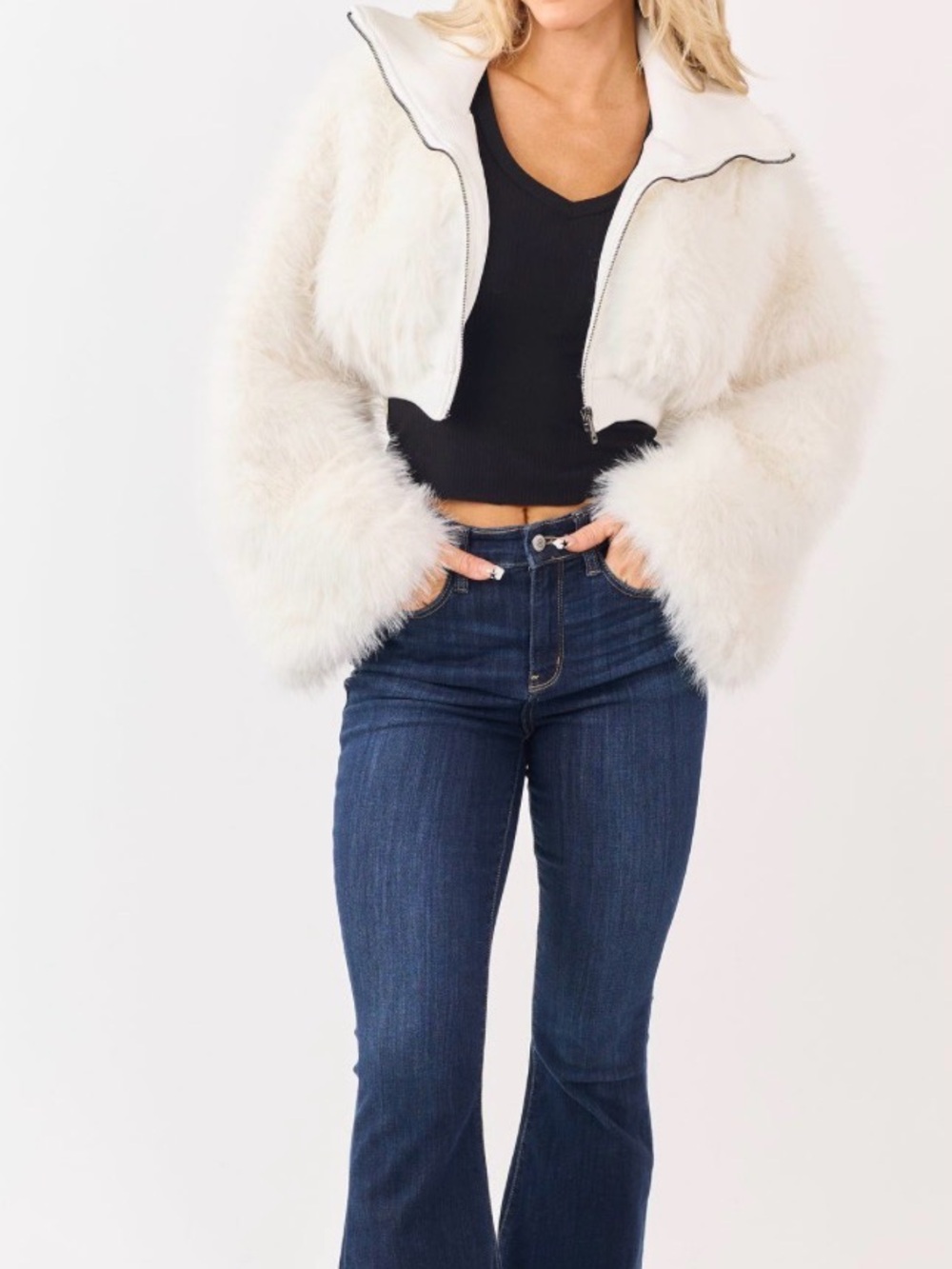 Vintage Newport News Faux Fur Bomber Jacket White Cream Knit Trim Zip Front m/l